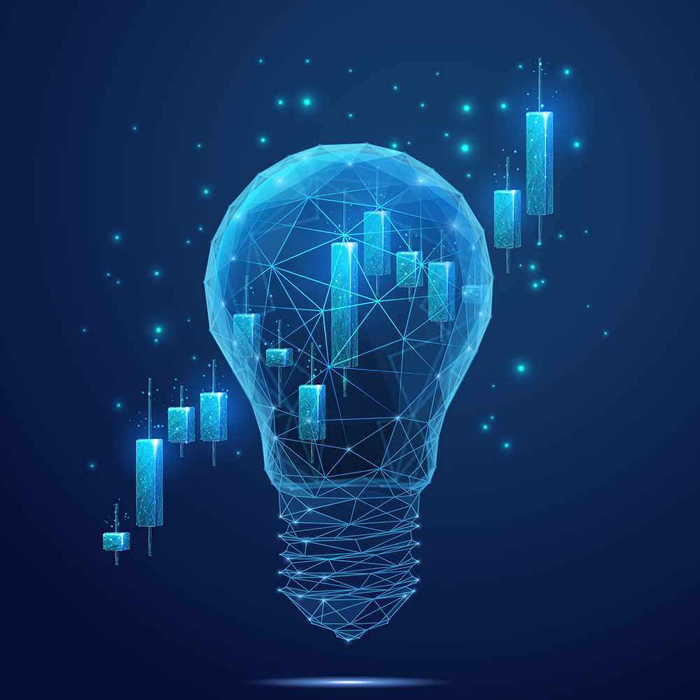 Das Bild zeigt eine Glühbirne und einen Candlechart, bestehend aus den typischen TBF Polygonen und Punkten. Die Farben sind in verschiedenen Blautönen gehalten.